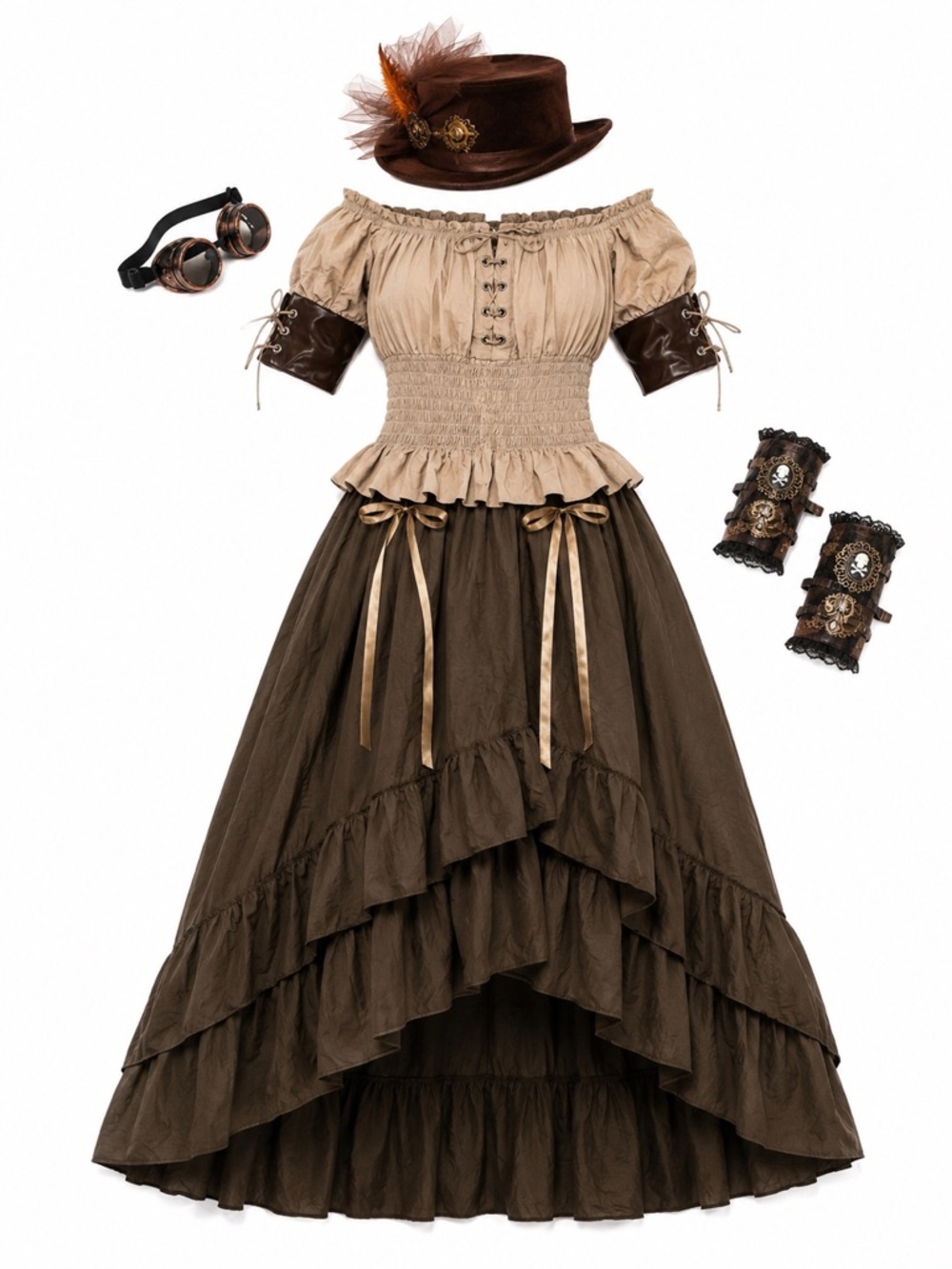 New - Vintage-Inspired Steampunk Women’s Dress in Beige and Brown